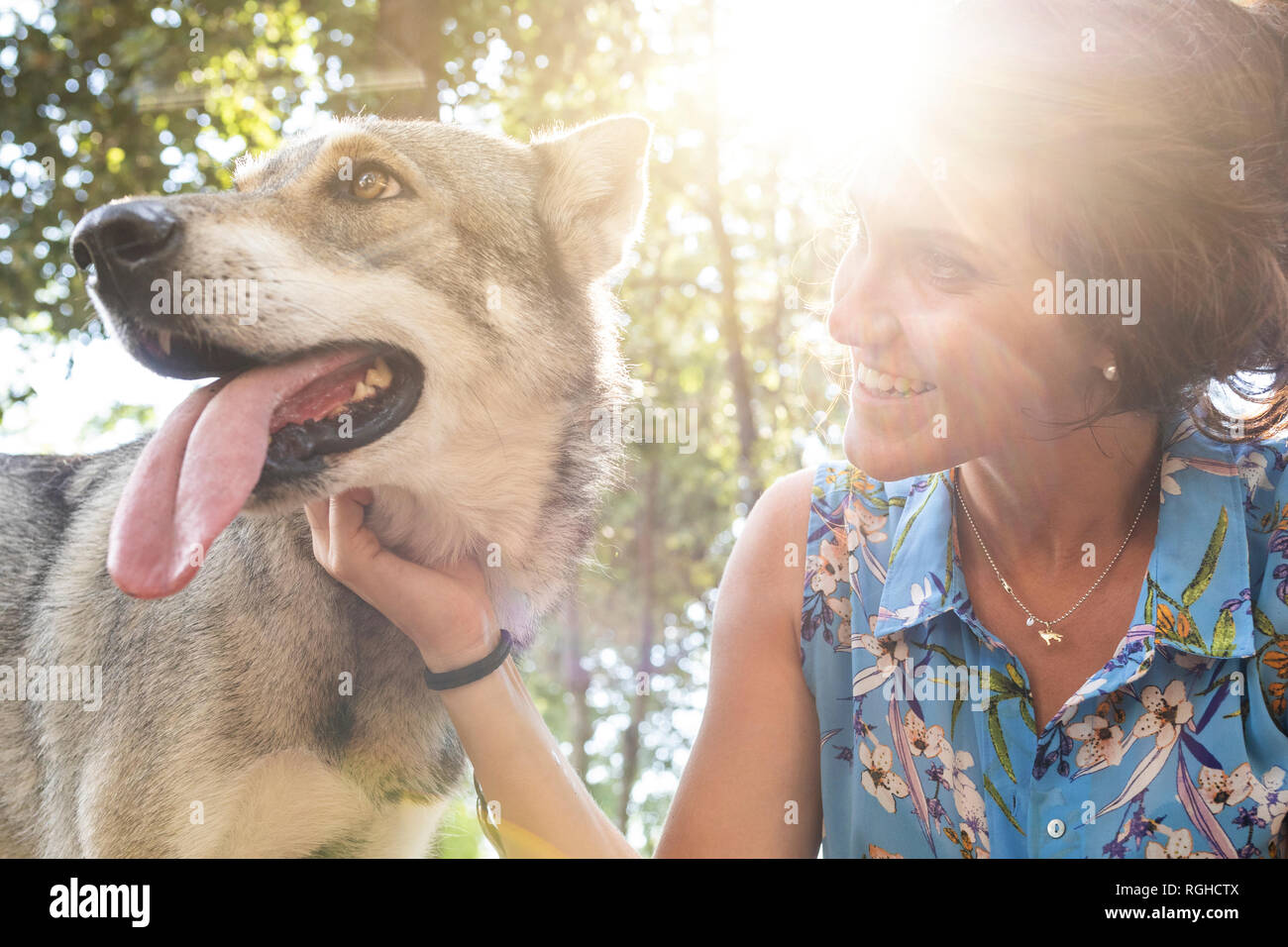 Smiling young woman stroking her dog at backlight Stock Photo