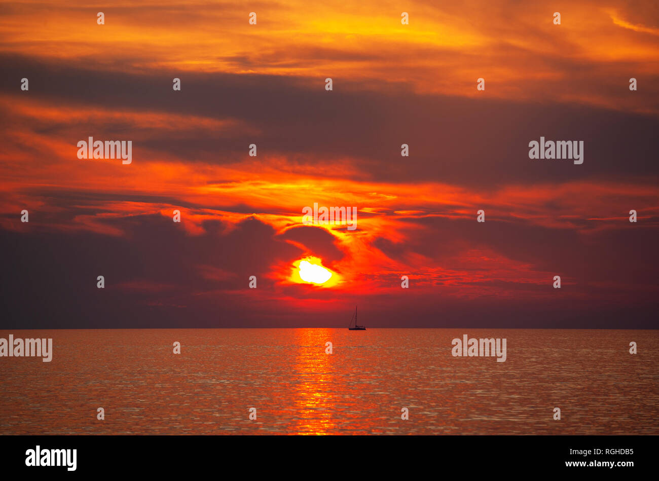 Croatia, Istria, Porec, Adriatic Sea, Sailing boat during sunset Stock Photo