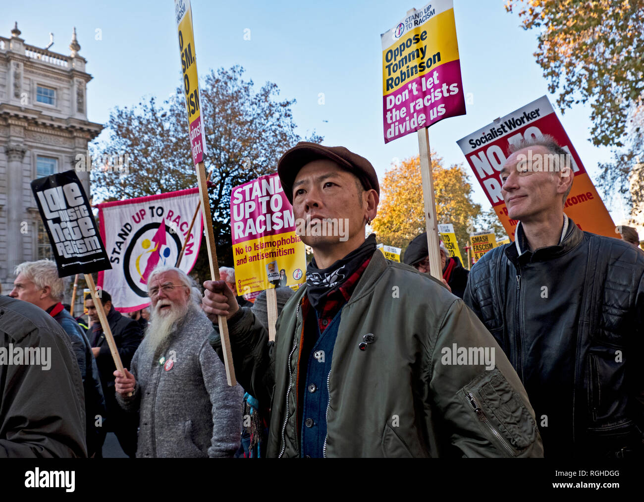 Protest opposing Tommy Robinson and racism. Anti-racism Anti-Fascism march and protest through central London on 17 Nov 2018 Stock Photo