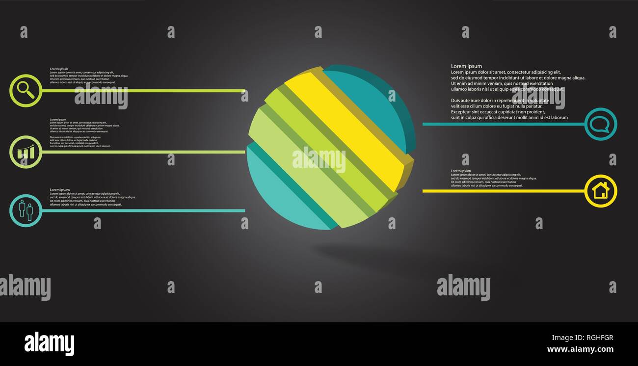 3D illustration infographic template. The embossed ring is askew divided to five color parts. Object is arranged on grey black background. Color lines Stock Vector