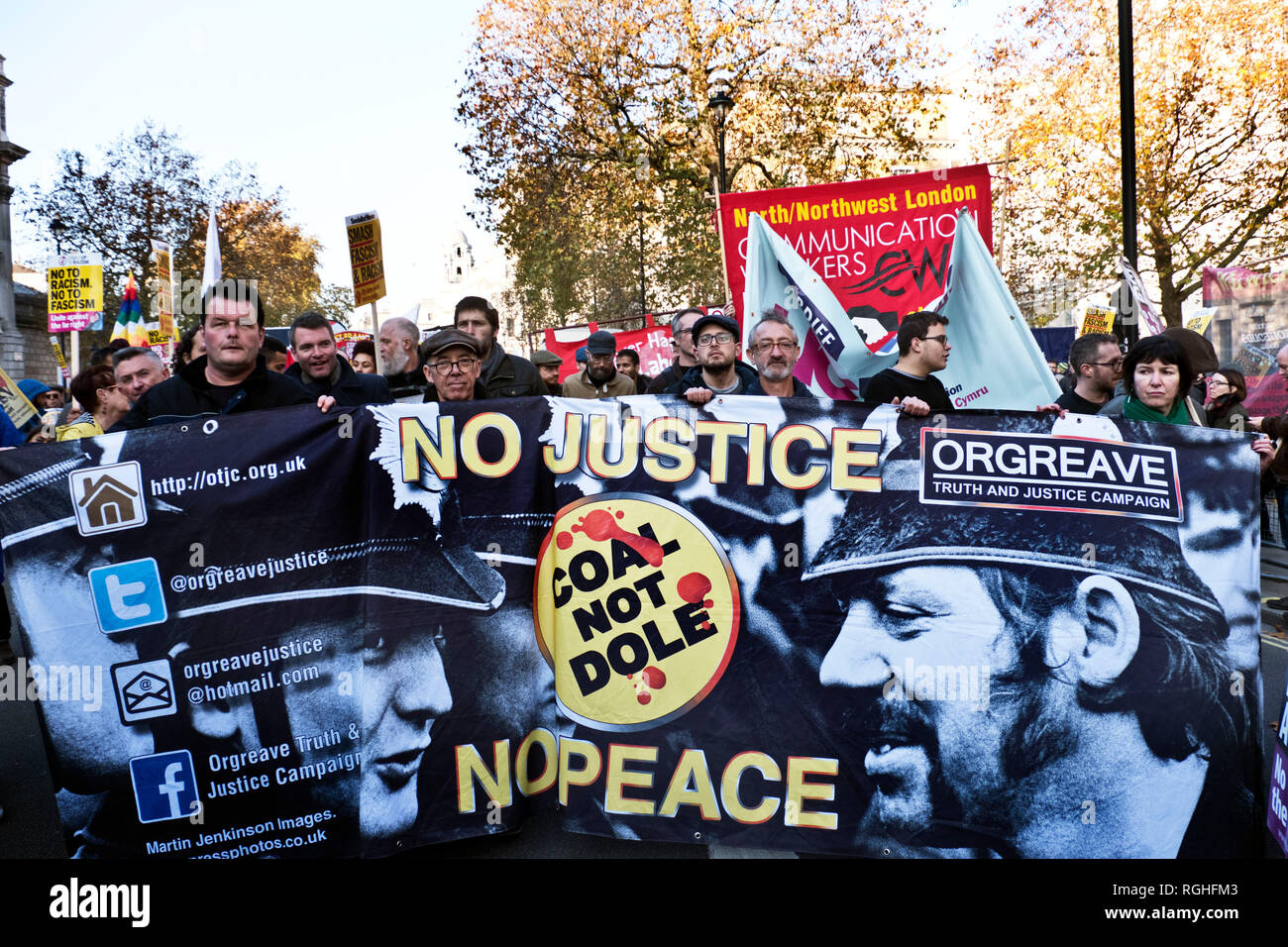 Coal not Dole, Orgreave Truth and Justice Campaign marching through central London on anti-racism march 2018 Stock Photo