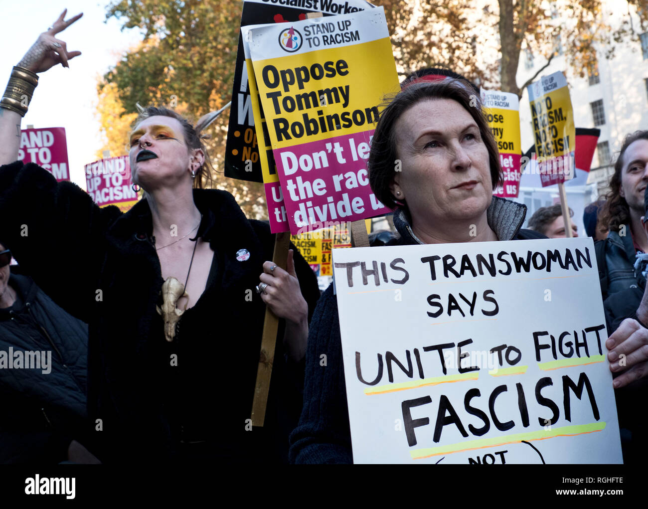 Transgender people marching against Tommy Robinson, racism and fascism. Anti-racism Anti-Fascism march and protest through central London on 17 Nov 2018 Stock Photo
