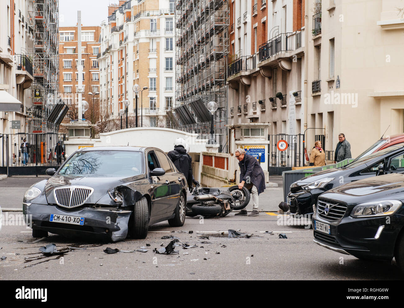 PARIS, FRANCE JAN 30, 2018 Accident scene in Paris street between