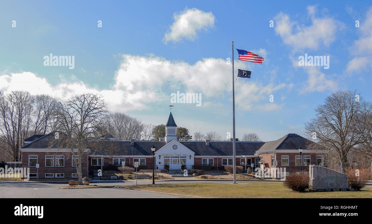 Falmouth Town Hall on Town Hall square in Falmouth, Massachusetts in sunny winter day Stock Photo
