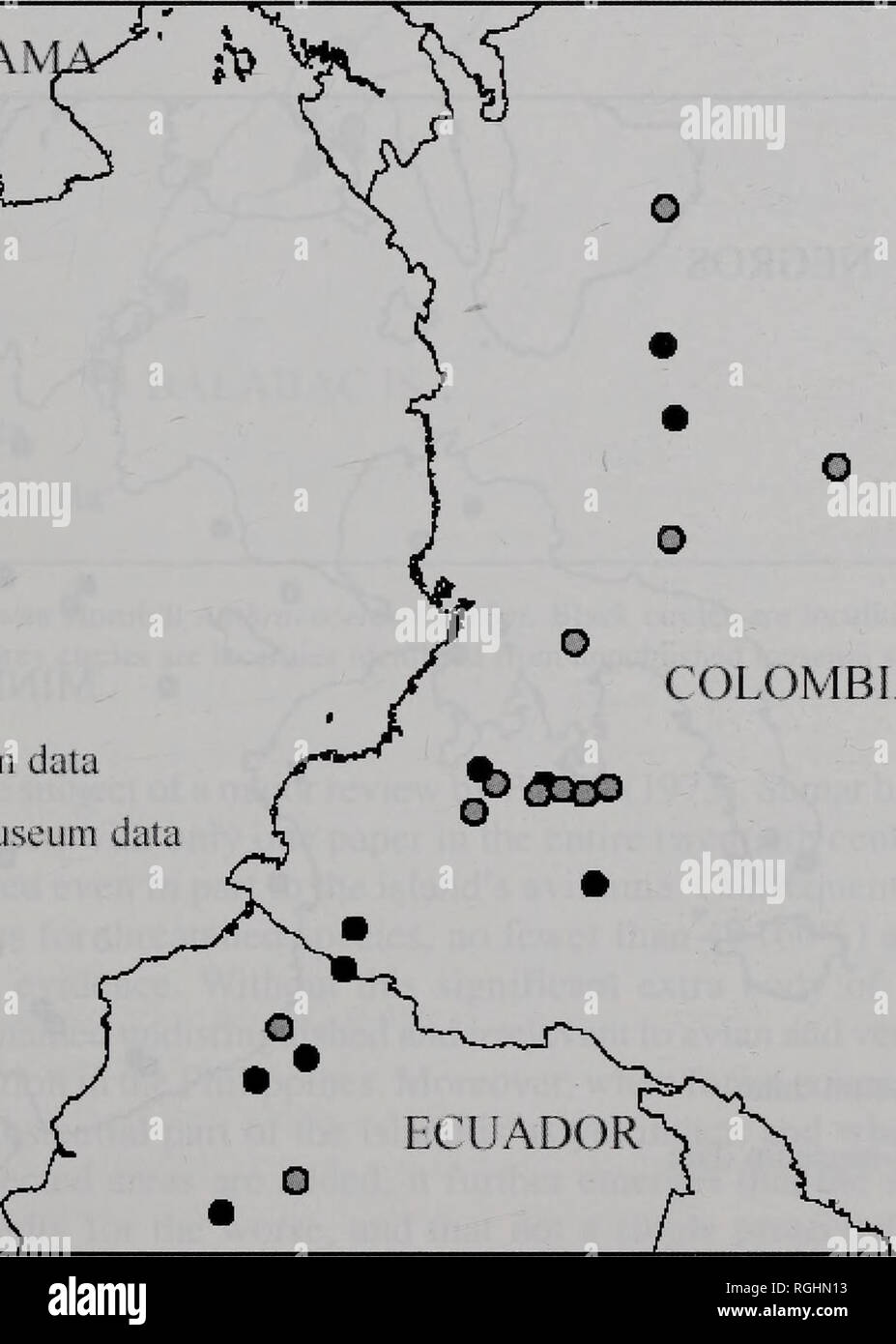 . Bulletin of the British Ornithologists' Club. . COLOMBIA Museum data Non-museum data Fig. 2. The range of Yellow-eared Parrot Ognorhynchus icterotis. Black circles are localities identified from published sources. Grey circles are localities identified from unpublished museum specimens.. Please note that these images are extracted from scanned page images that may have been digitally enhanced for readability - coloration and appearance of these illustrations may not perfectly resemble the original work.. British Ornithologists' Club. London : British Ornithologists' Club Stock Photo