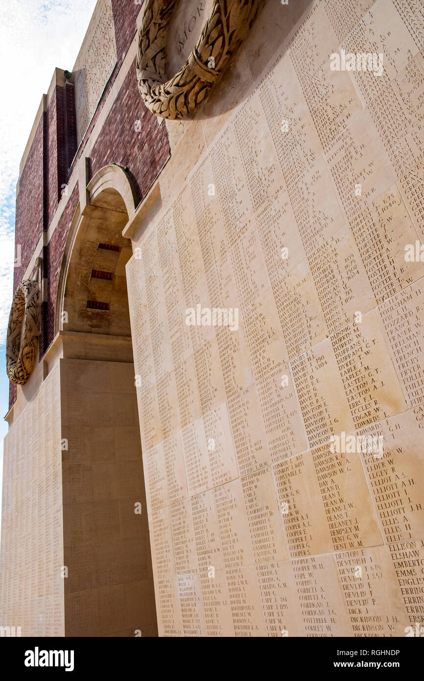 Wall of names on the Thiepval Monument in Northern France Stock Photo
