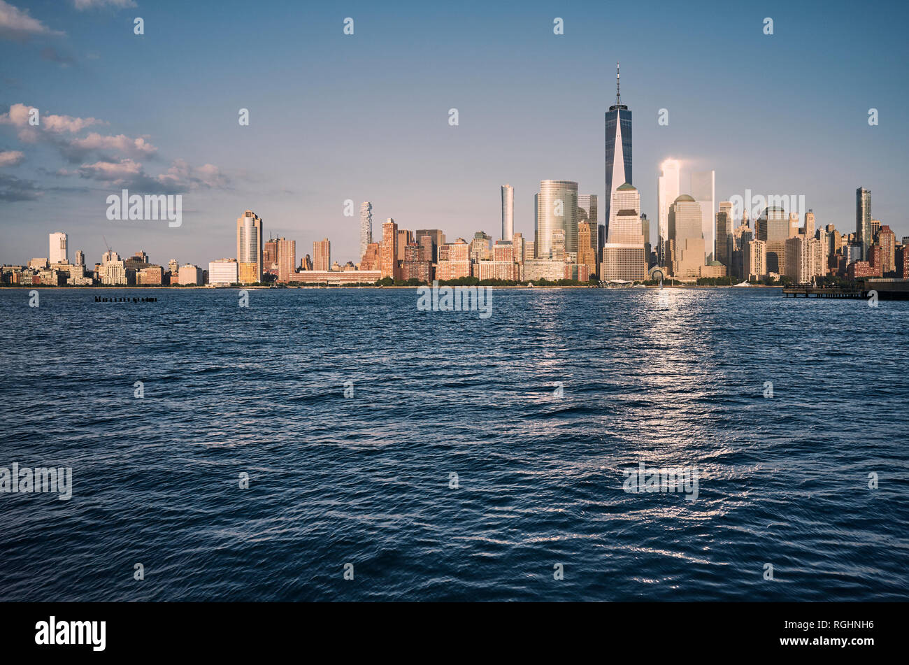 Manhattan skyline at sunset, color toning applied, USA. Stock Photo