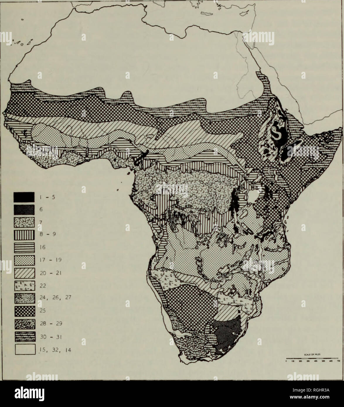 . Bulletin of the British Museum (Natural History) Entom Supp. ETHIOPIAN XASL'TITERMITIX 1.. Map 2. Vegetation of Africa showing divisions significant in termite distribution. (1-5), montane types ; (6), temperate and subtropical grassland ; (7), moist forest at low and medium altitudes ; (8-9), forest-savannah mosaic ; (16), moist woodlands ; (17-19), Isoberlinia and Brachystegia-Julbernardia woodlands and savannahs ; (20-21), relatively dry savannah-woodlands ; (22), woodland with abundant Colophospermum mopane ; (24, 26, and 27), grass steppes ; (25), wooded steppe with abundant Acacia and Stock Photo
