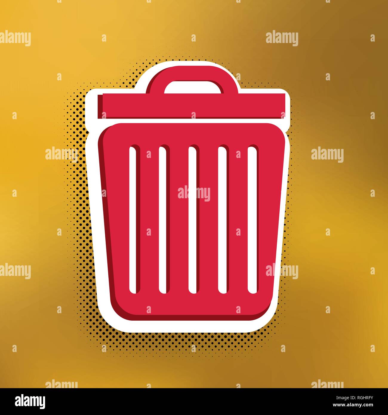 Trash sign illustration. Vector. Magenta icon with darker shadow, white sticker and black popart shadow on golden background. Stock Vector