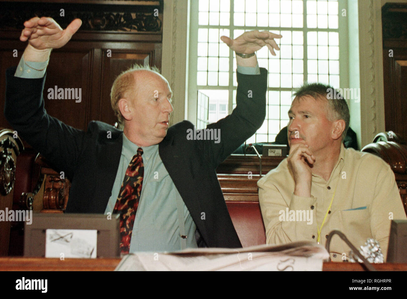 Gerry Adams's former driver, Terence 'Cleeky' Clarke (seen here on left)  in Belfast City Hall, Belfast, County Antrim. Terence 'Cleaky' Clarke (died 13 June 2000), older brother of Seamus; acted as a body guard to Gerry Adams; was imprisoned for seven years after being convicted of assaulting Corporal Derek Wood. He was on IRA active service on the South Armagh border for several months and in Derry after Bloody Sunday, but was caught in August 1972. Stock Photo