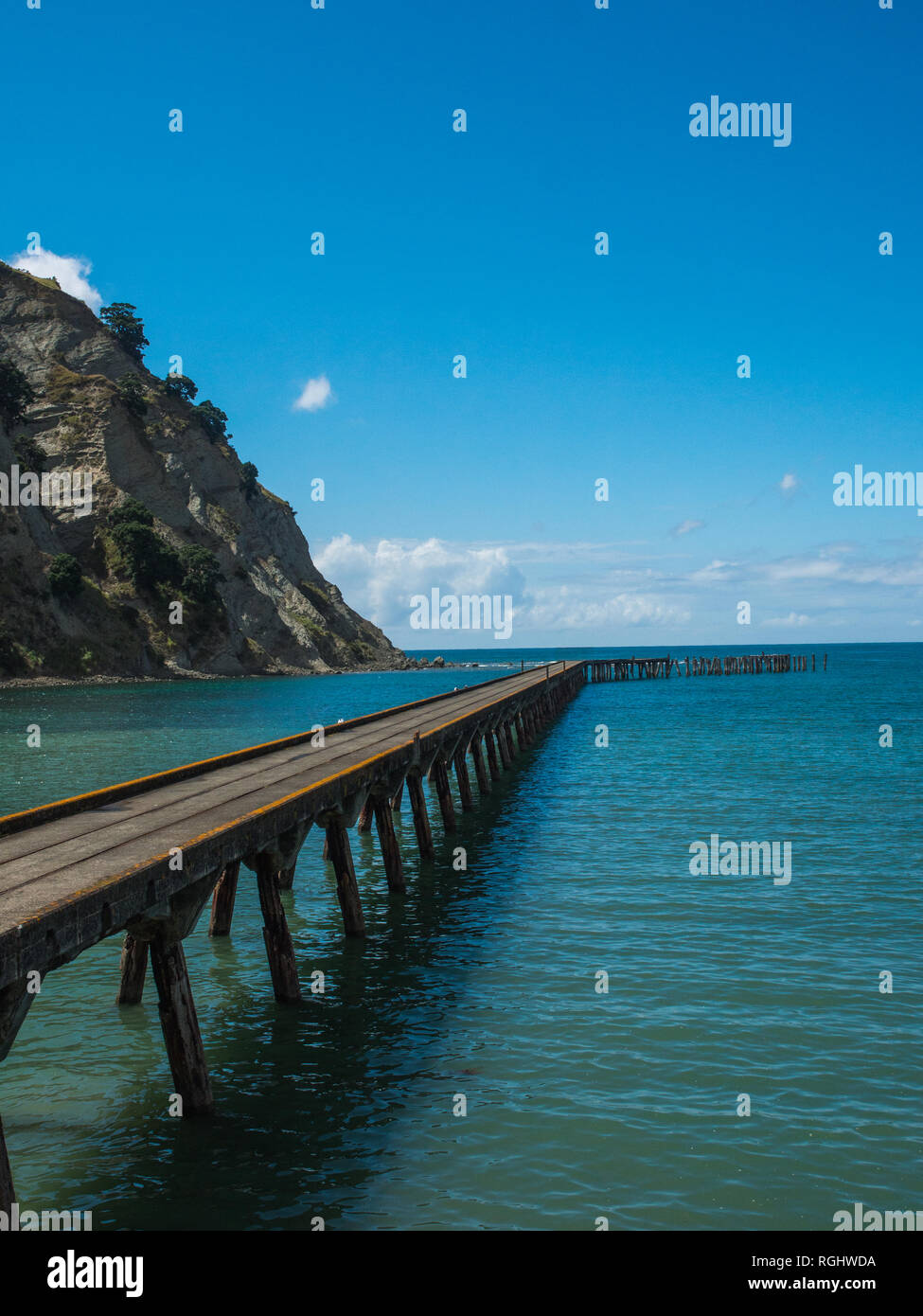 Derelict Wharf, Tokomaru Bay, East Cape, North Island, New Zealand Stock Photo