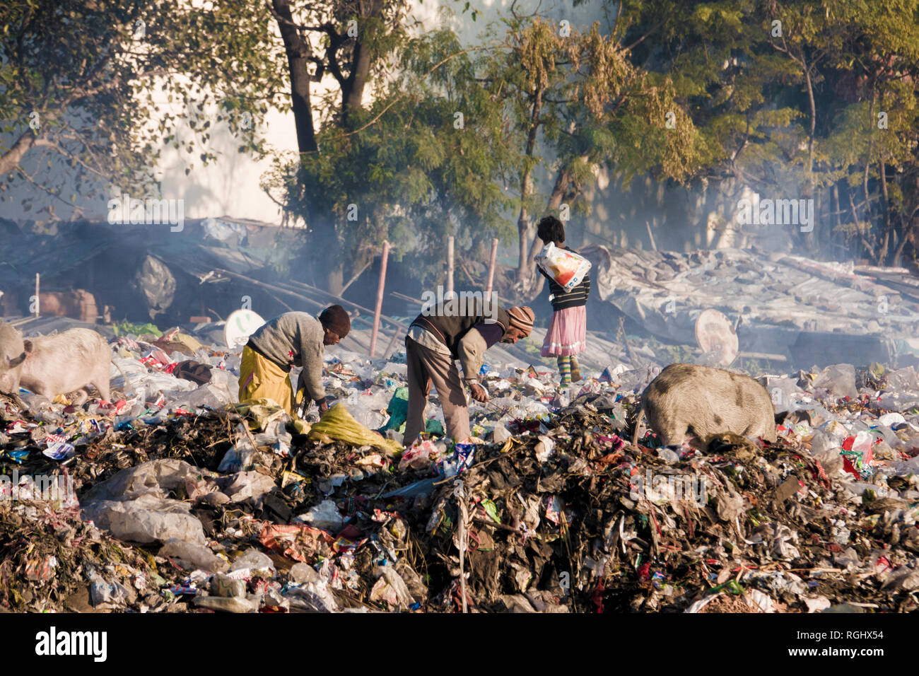 Family of ragpickers rummaging through trash at dumping ground in