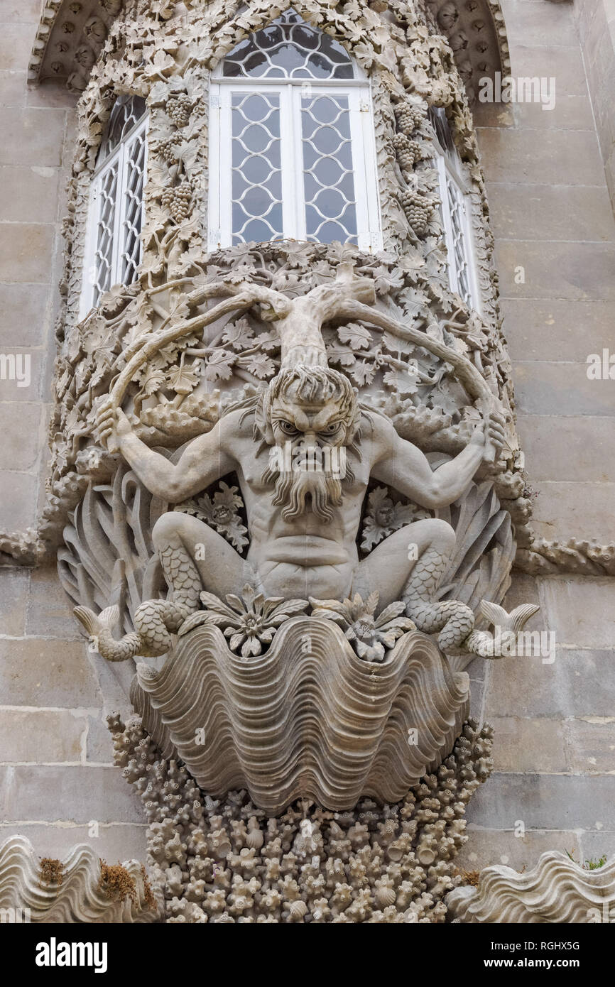The depiction of a mythological triton, ornamental sculpture at the Pena National Palace in Sintra, Portugal Stock Photo