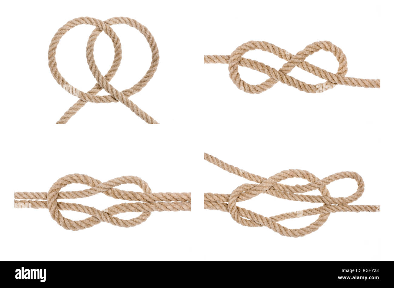 Set of hemp rope knot isolated on white background. Nautical rope knot set. Stock Photo