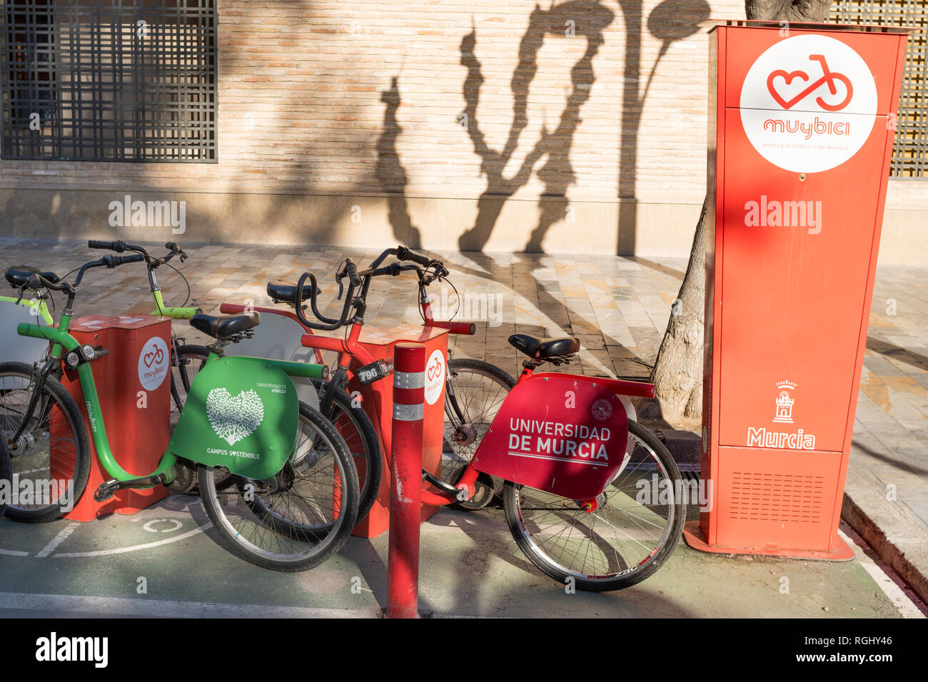 MuyBici  University of Murcia rental bikes at a docking station in Murcia, Spain, Europe Stock Photo
