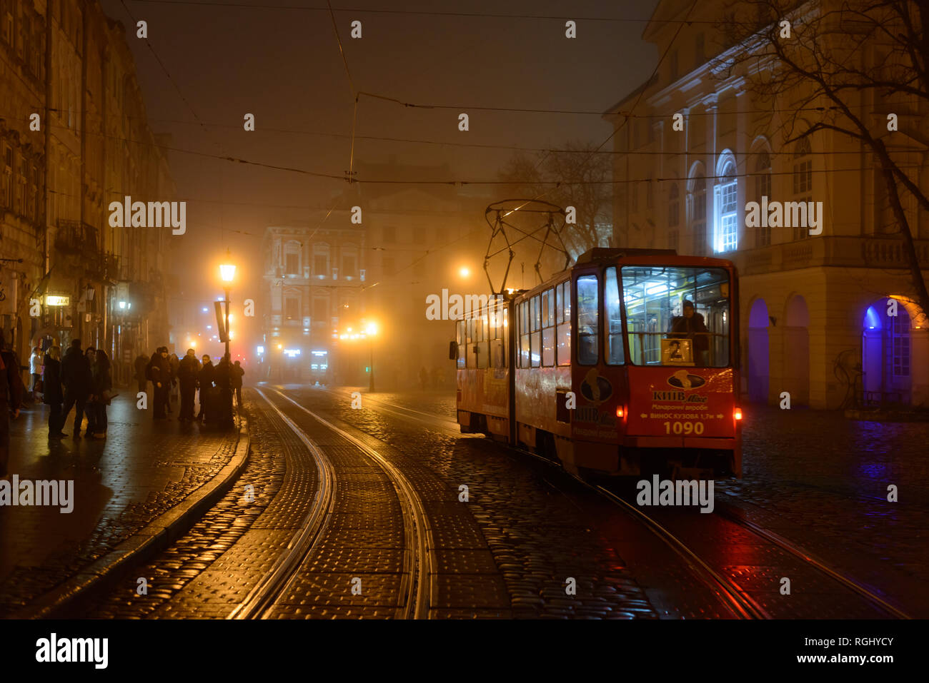Lviv, Ukraine - Fabruary 11, 2015: Tram on Market square in winter time Stock Photo