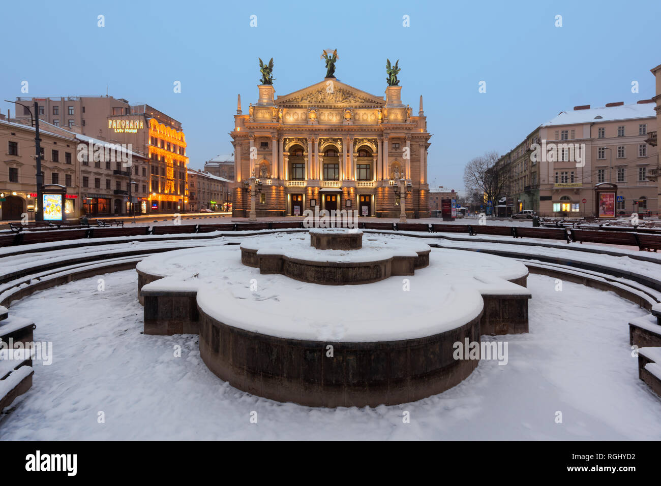 Solomiya Krushelnytska Lviv State Academic Theatre of Opera and Ballet in winter time Stock Photo