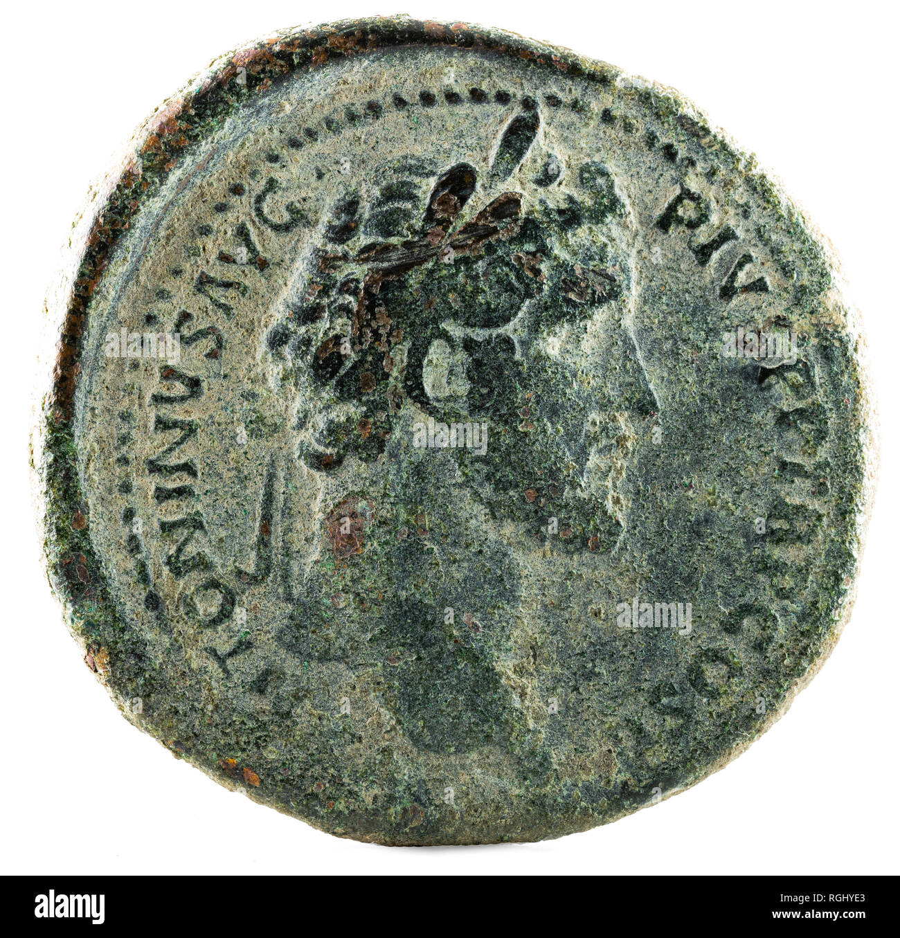 Ancient Roman bronze sertertius coin of Emperor Antoninus Pius. With the Emperor Marcus Aurelius. Obverse. Stock Photo