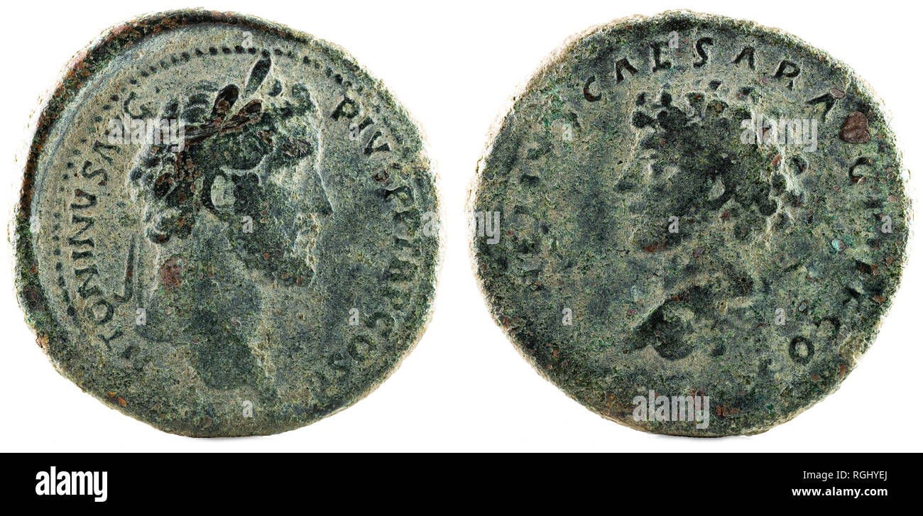 Ancient Roman bronze sertertius coin of Emperor Antoninus Pius. With the Emperor Marcus Aurelius. Stock Photo