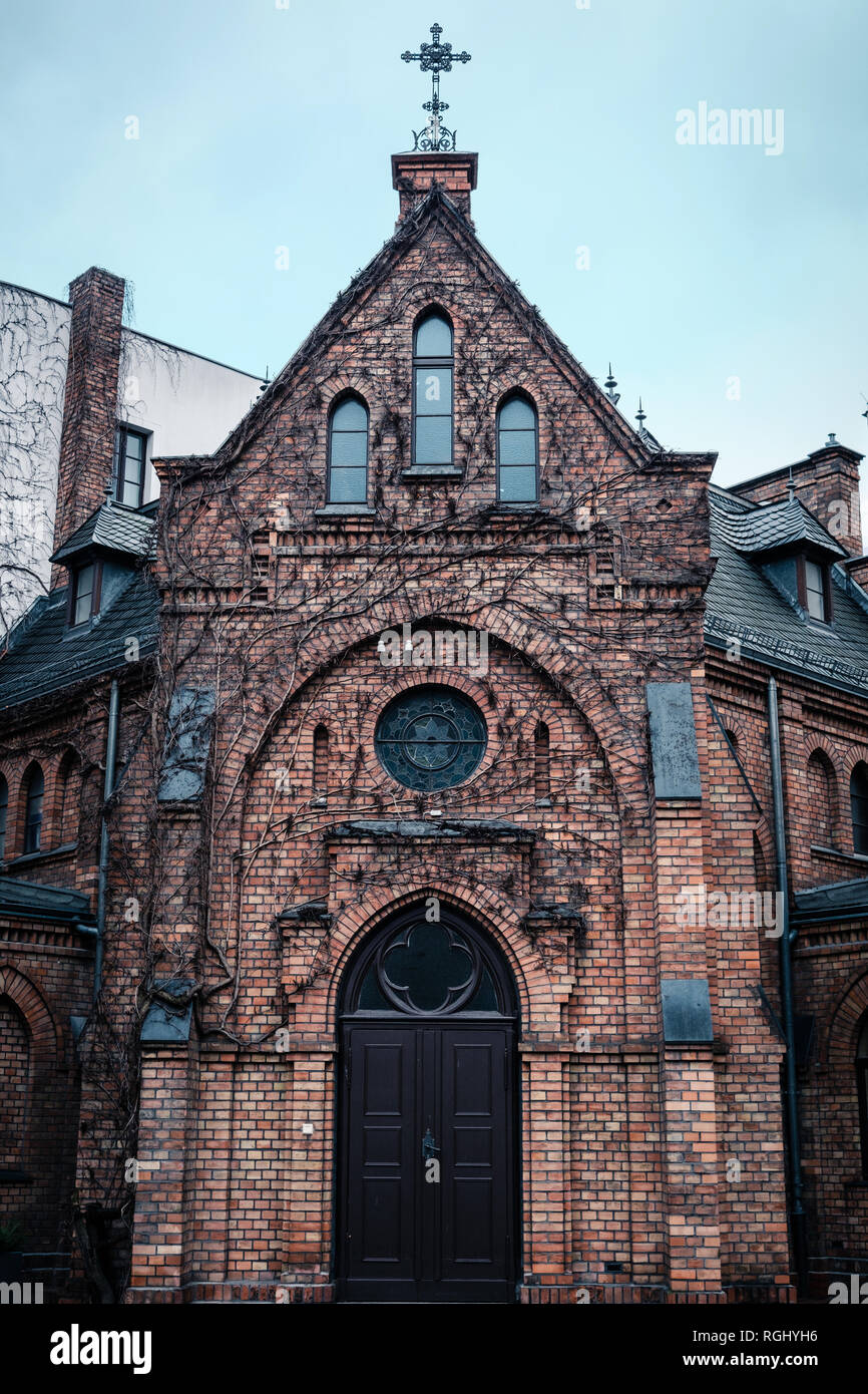 old church building front facade, gothic architecture, Stock Photo