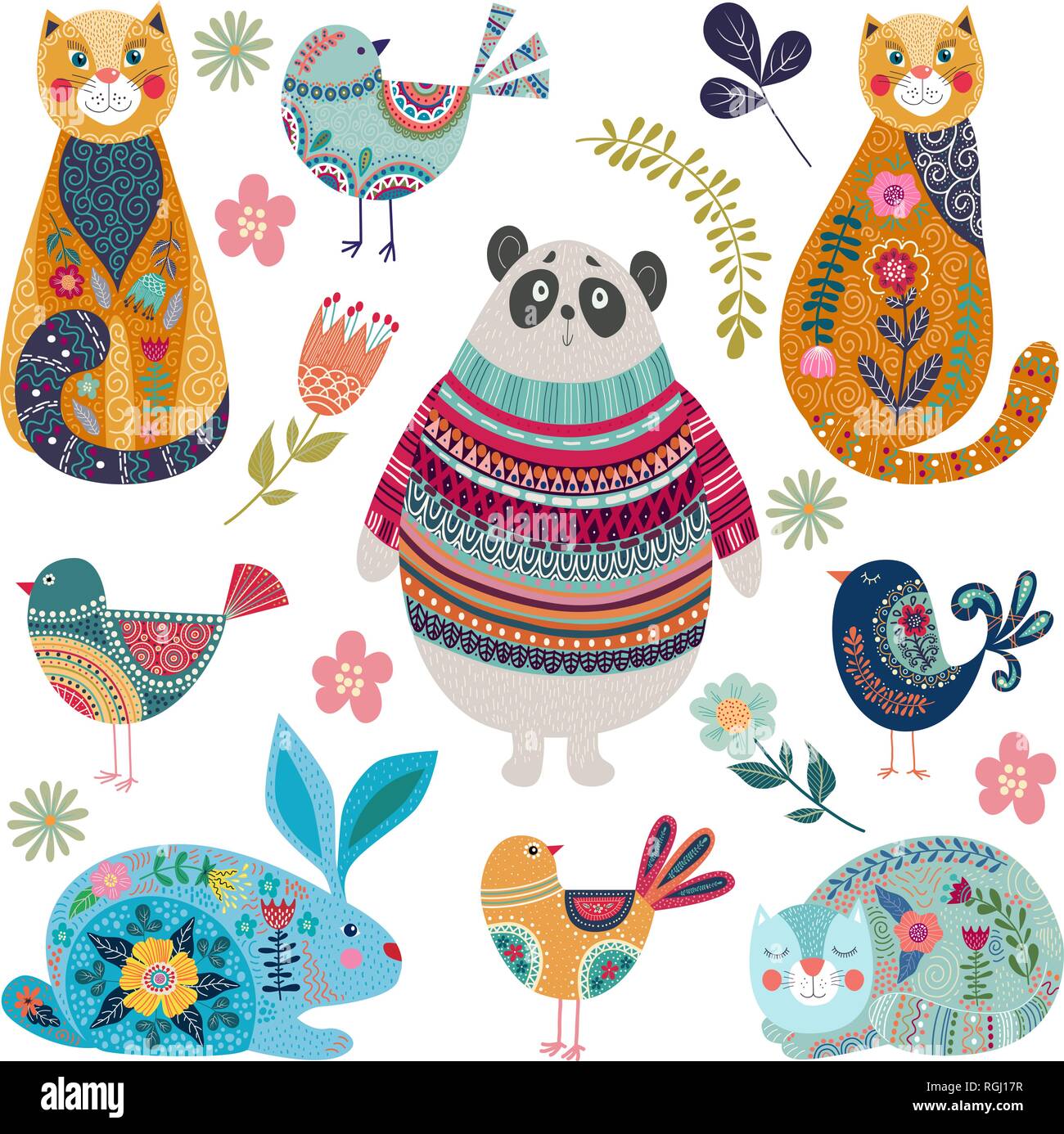 Set of isolated cute animals and birds in folk flat style on a white ...