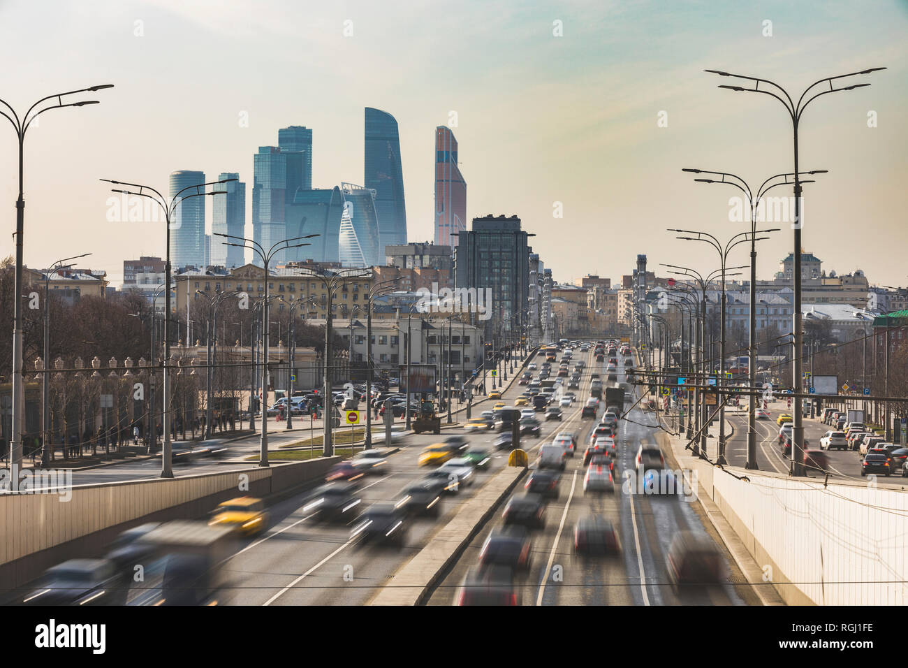Russia, Moscow, Traffic on Krimsky Val with financial district in background Stock Photo