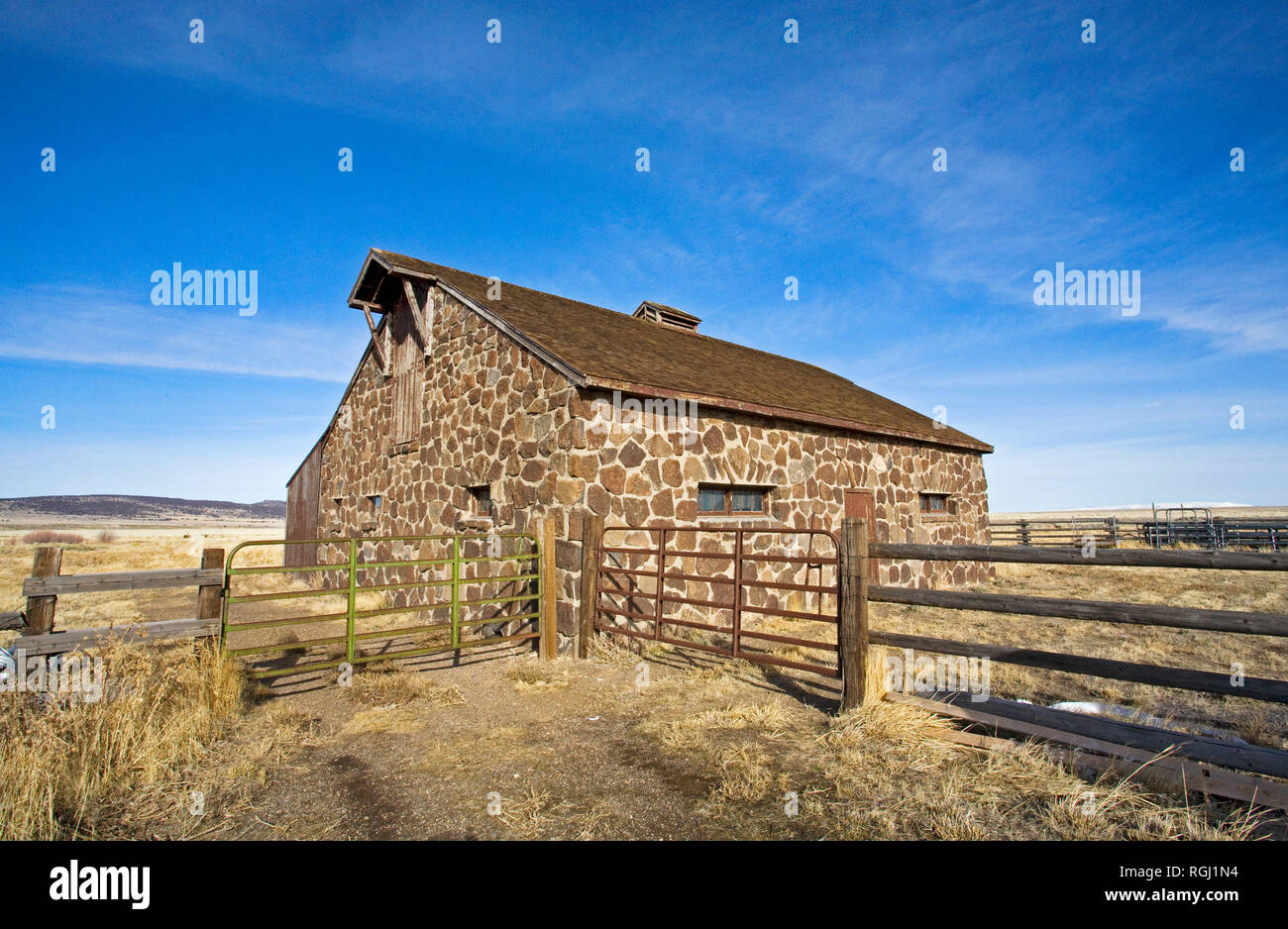 An 80 year old stone barn built in 1939, at the headquarters of the Hart Mountain National Antelope Refuge in southeastern Oregon. Stock Photo
