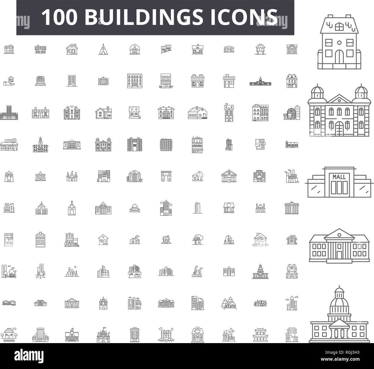 Buildings editable line icons, 100 vector set, collection. Buildings ...