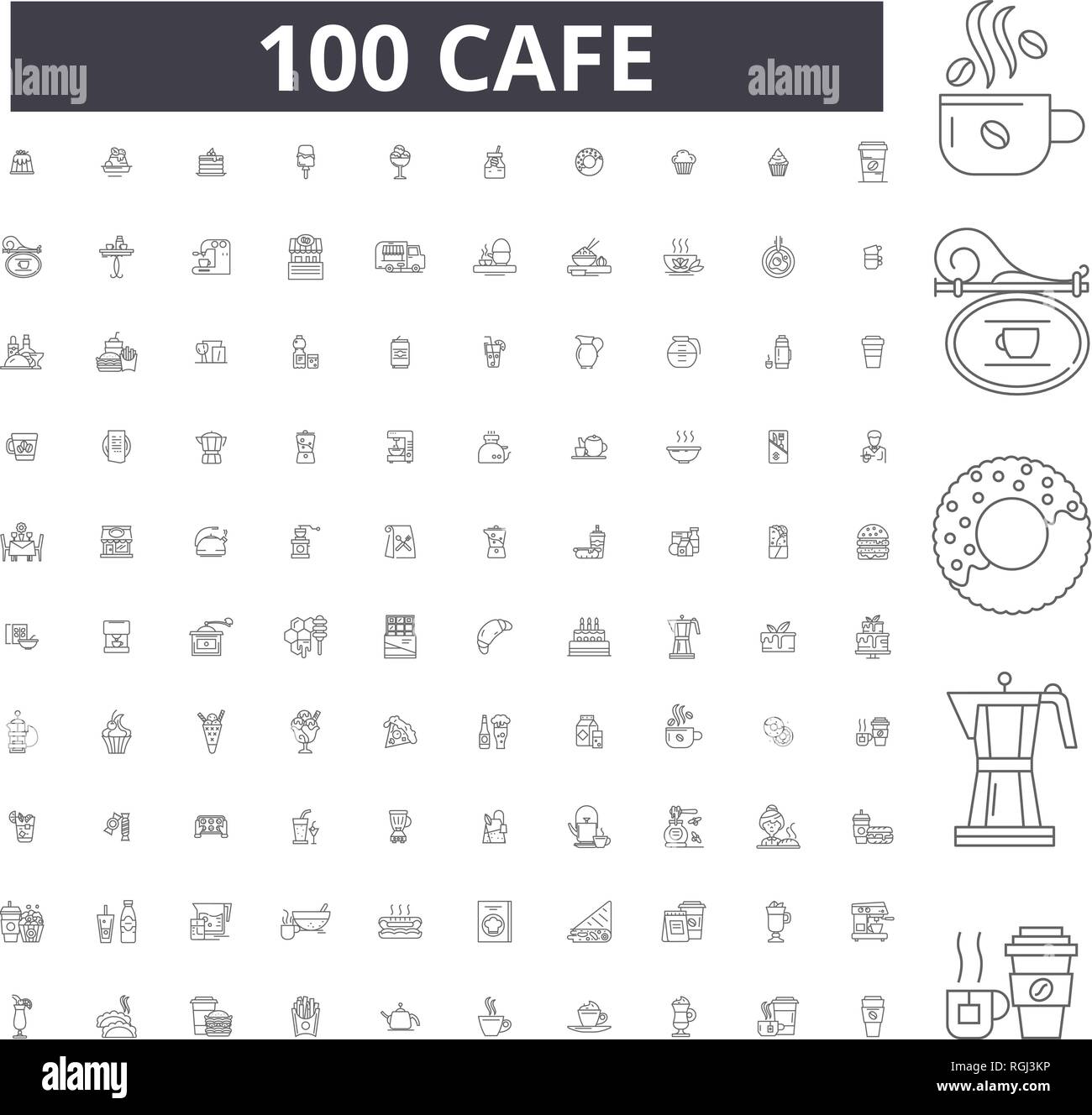 Cafe editable line icons, 100 vector set, collection. Cafe black ...