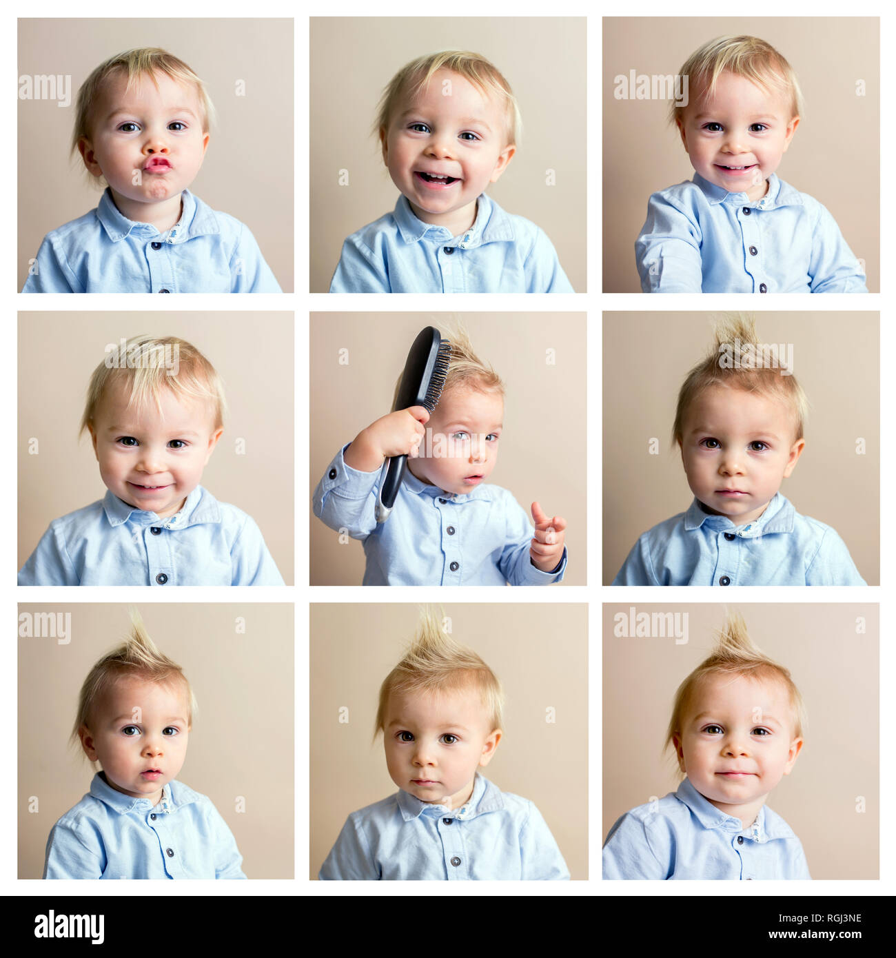 Collage Of Pictures Of Cute Baby Toddler Boy Isolated On Beige Background Child Dressed Casual Making Different Face Expressions Stock Photo Alamy