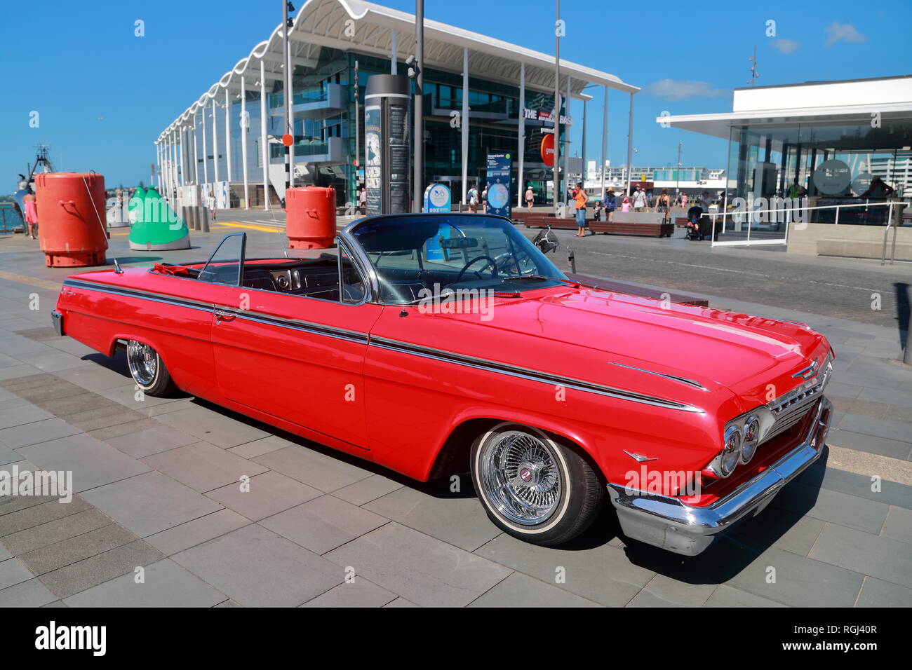 Classic 60s Chevrolet Impala cabriolet in Auckland harbour, New Zealand Stock Photo