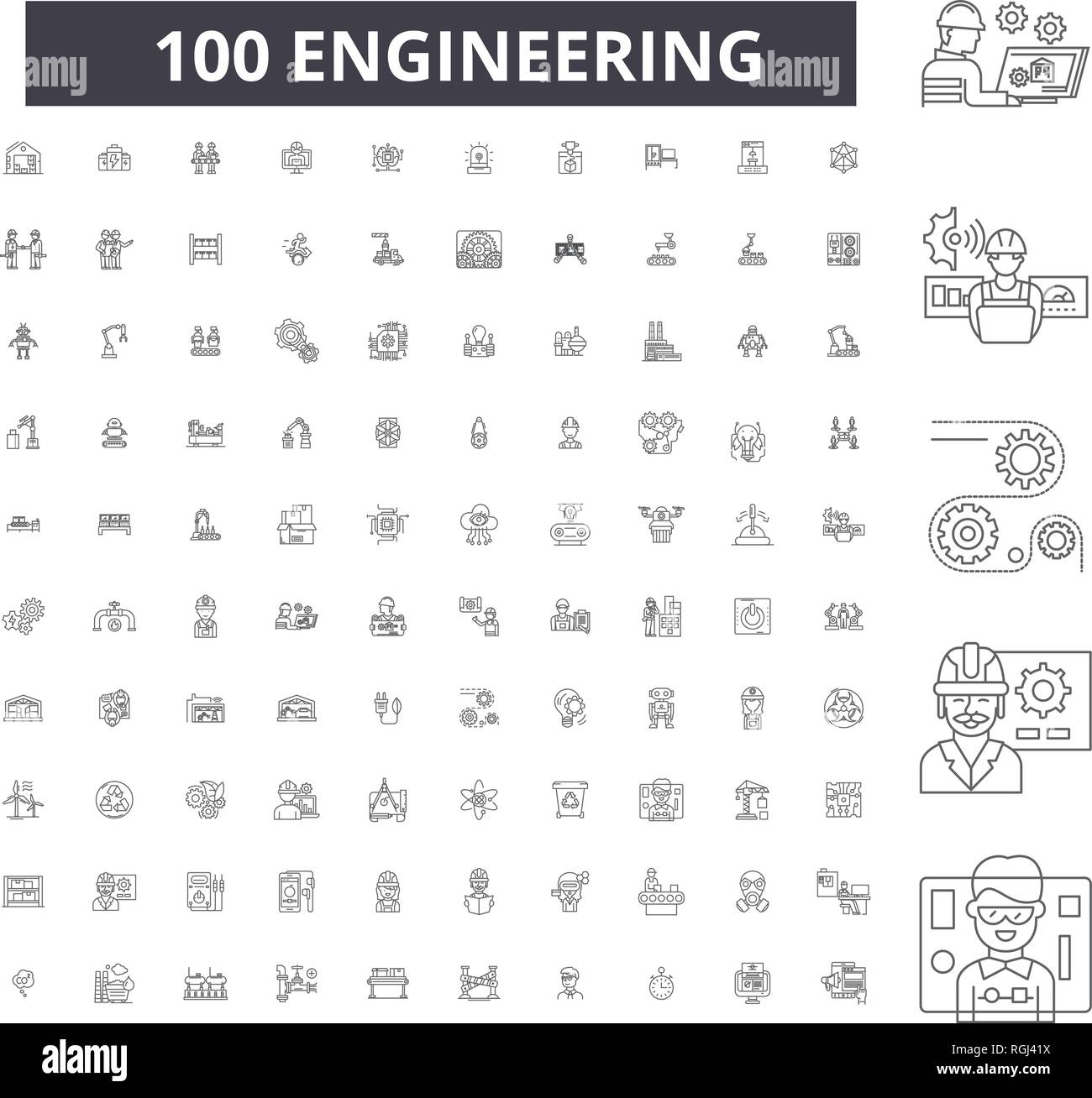 Engineering editable line icons, 100 vector set, collection