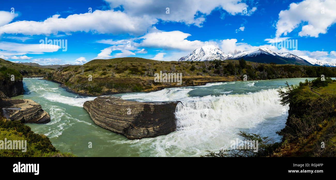 Chile, Patagonia, Magallanes y la Antartica Chilena Region, Torres del Paine National Park, Cerro Paine Grande and Torres del Paine, Rio Paine, catara Stock Photo