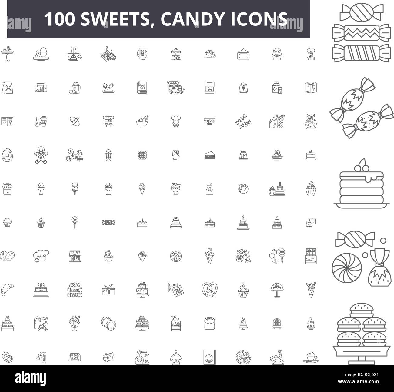 Sweets, candy editable line icons, 100 vector set, collection. Sweets ...