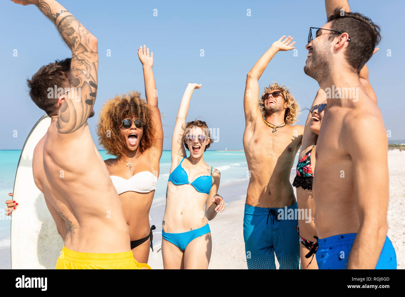 Happy friends cheering on the beach Stock Photo