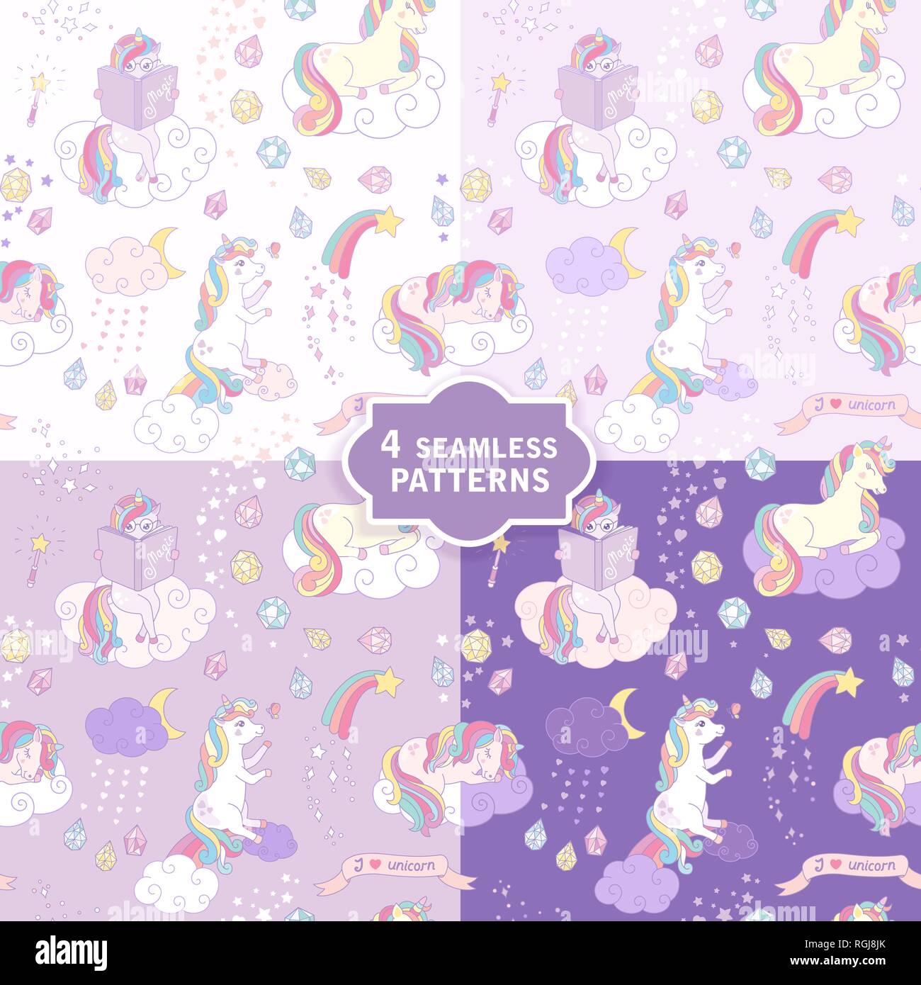 Hand drawn seamless vector pattern with cute unicorns in 4 colors Stock ...