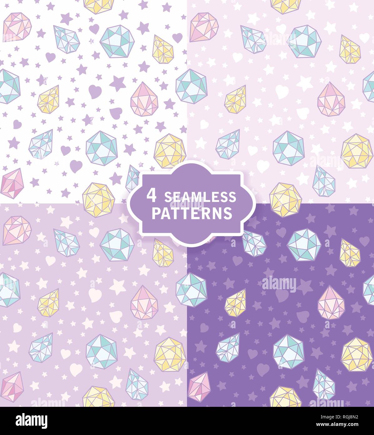 Hand drawn seamless vector pattern with cute magic crystals in 4 colors. Stock Vector