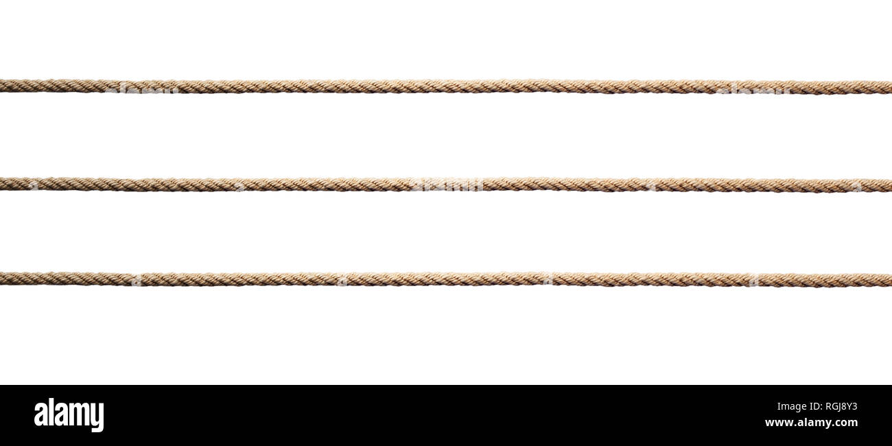 Three straight lines of twisted manila rope isolated on a white background. Stock Photo