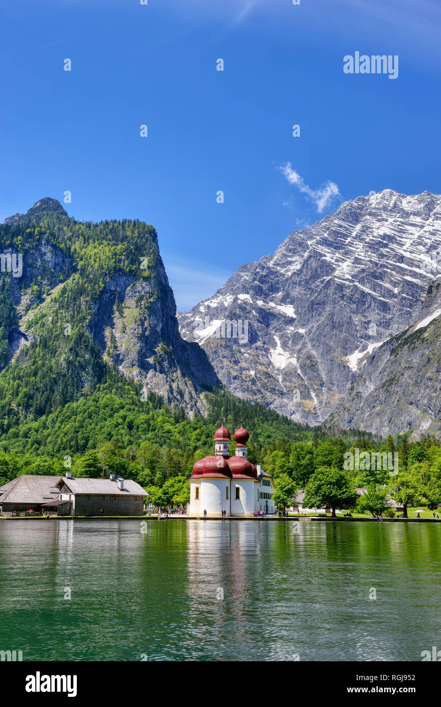 Germany, Bavaria, Berchtesgadener Land, St. Bartholomew at Lake Koenigssee Stock Photo