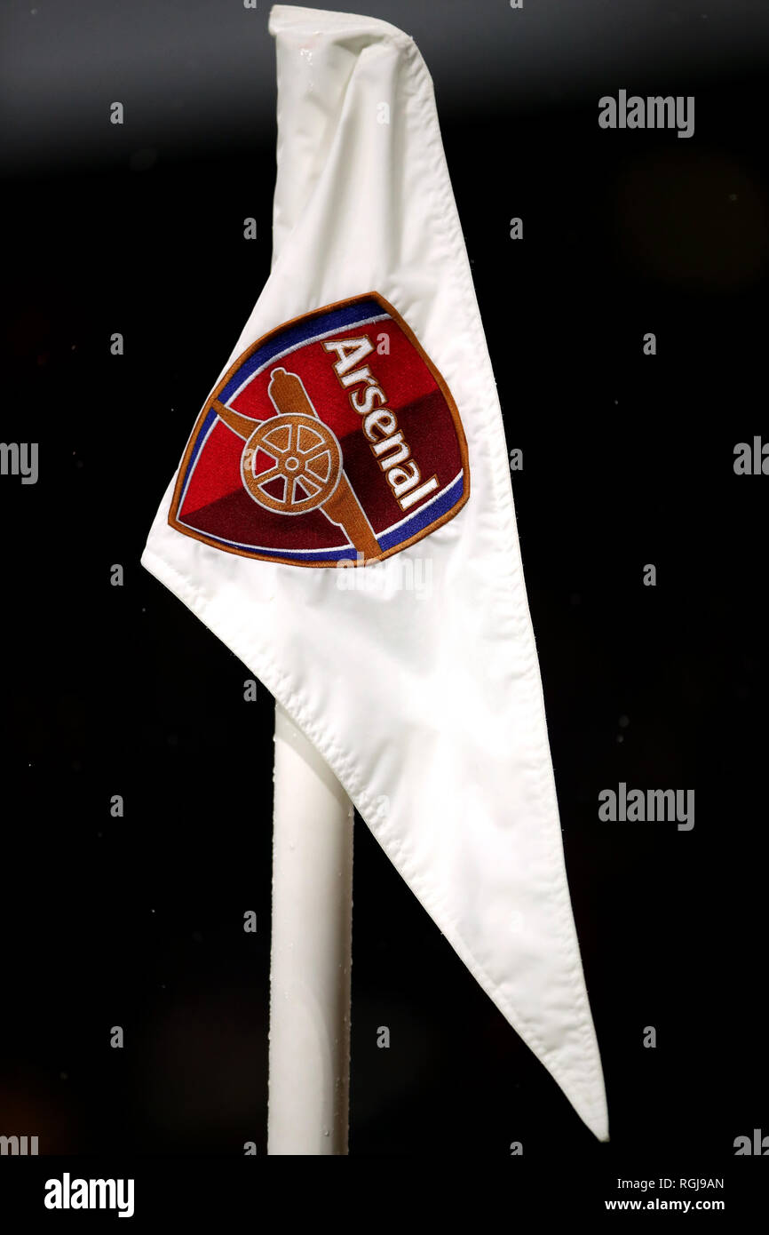 Arsenal corner flag during the Premier League match at the Emirates Stadium, London. Stock Photo
