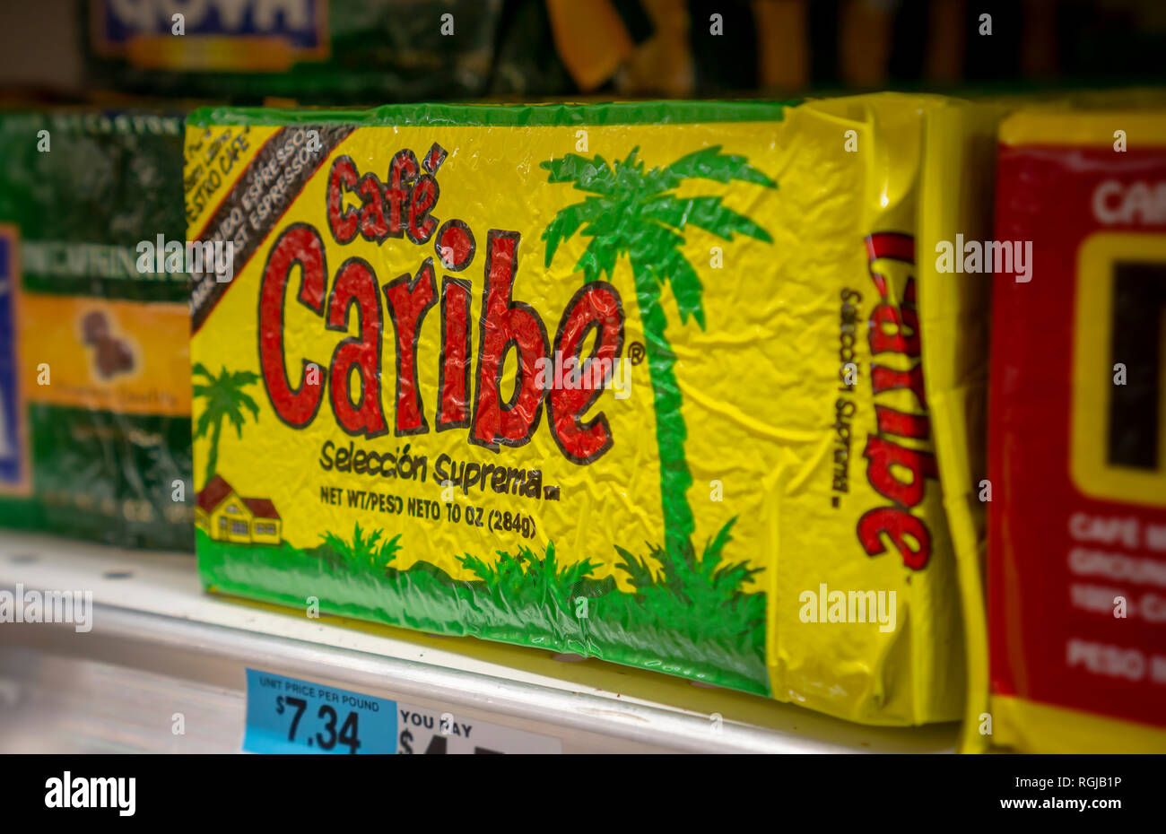 Bricks of Coffee Holding Co.'s CafÃ© Caribe brand on a supermarket shelf in New York on Tuesday, January 22, 2019. The Coffee Holding Co., Inc. manufactures and markets their coffees in the United States, Canada, Australia, England, and China. (Â© Richard B. Levine) Stock Photo