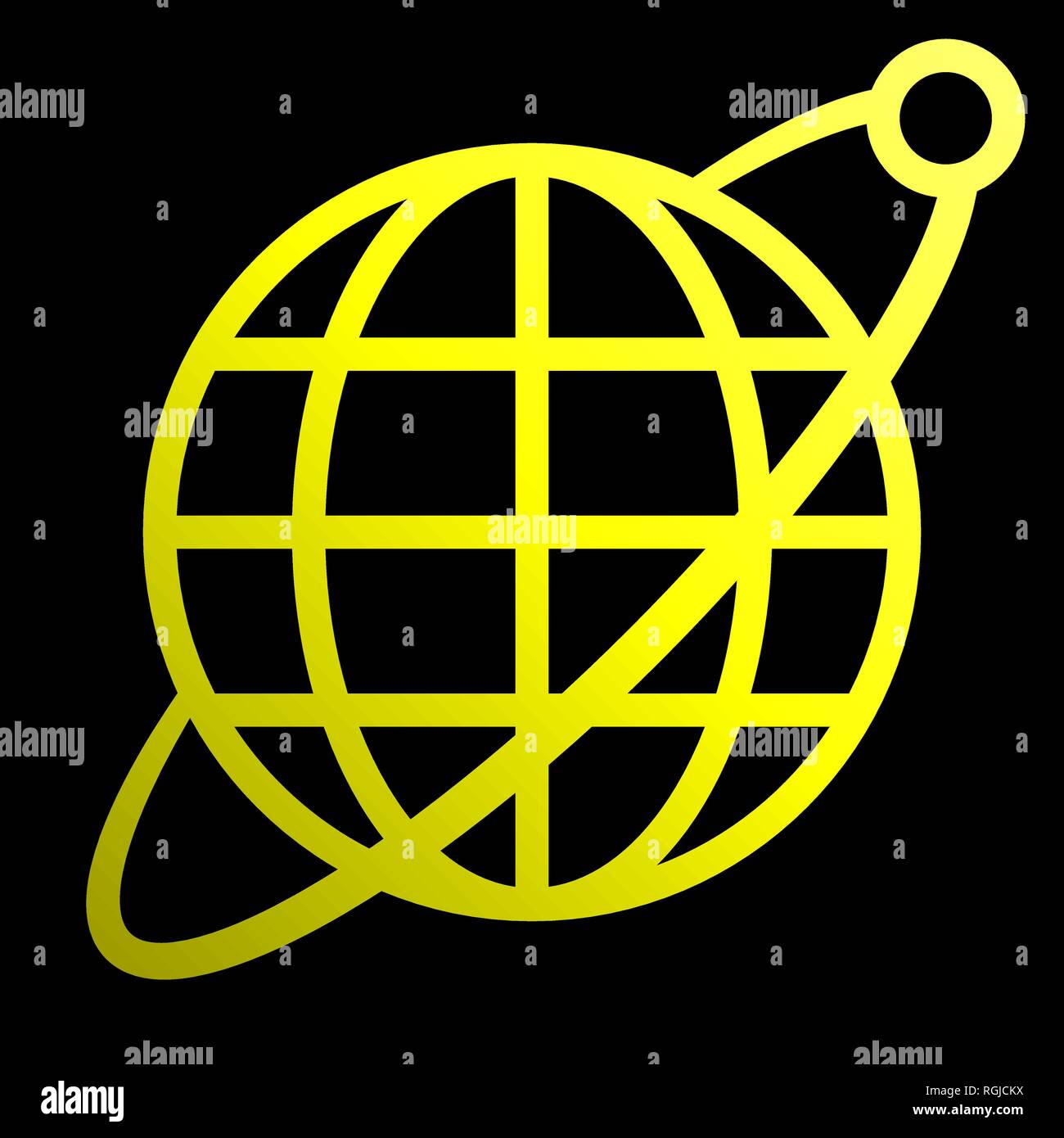 Globe symbol icon with orbit and satellite yellow gradient, isolated