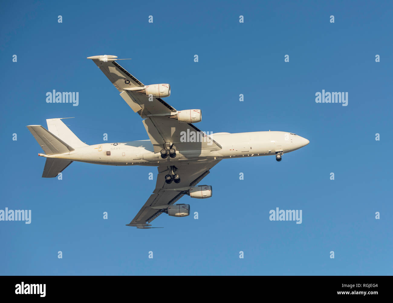 BOSSIER CITY, LA., U.S.A. - AUG. 21, 2018: A U.S. Navy Boeing E-6 Mercury command and control aircraft flies over the city near Barksdale Air Force Ba Stock Photo