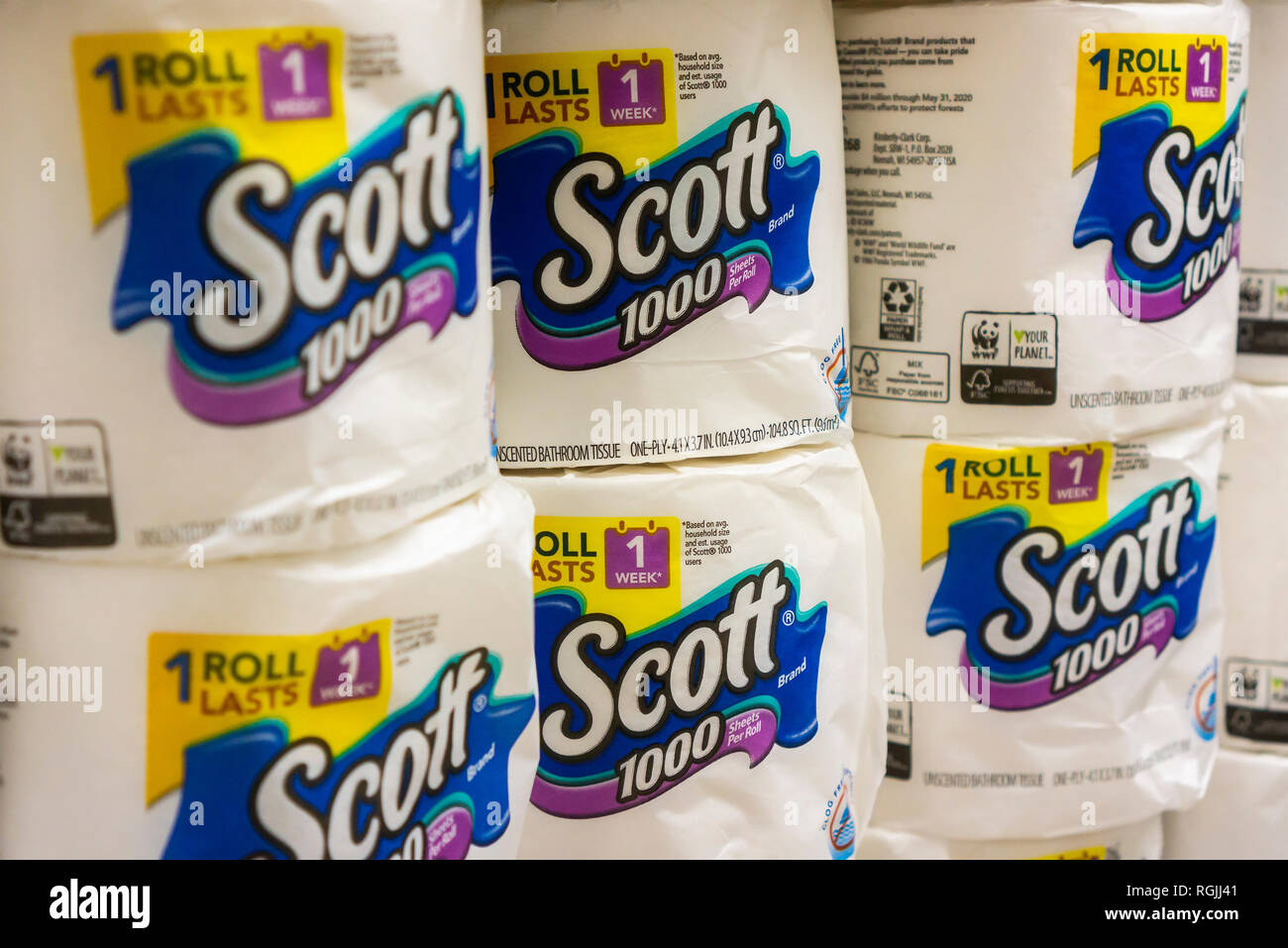 Rolls of Scott toilet paper manufactured by Kimberly-Clark are seen on a supermarket shelf on Tuesday, January 22, 2019. (Â© Richard B Levine) Stock Photo