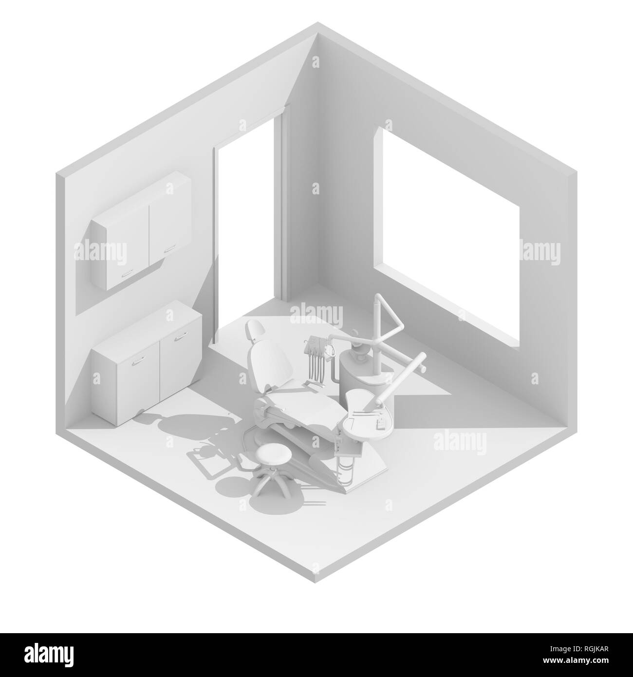 3d isometric rendering illustration of white dental chair room Stock Photo