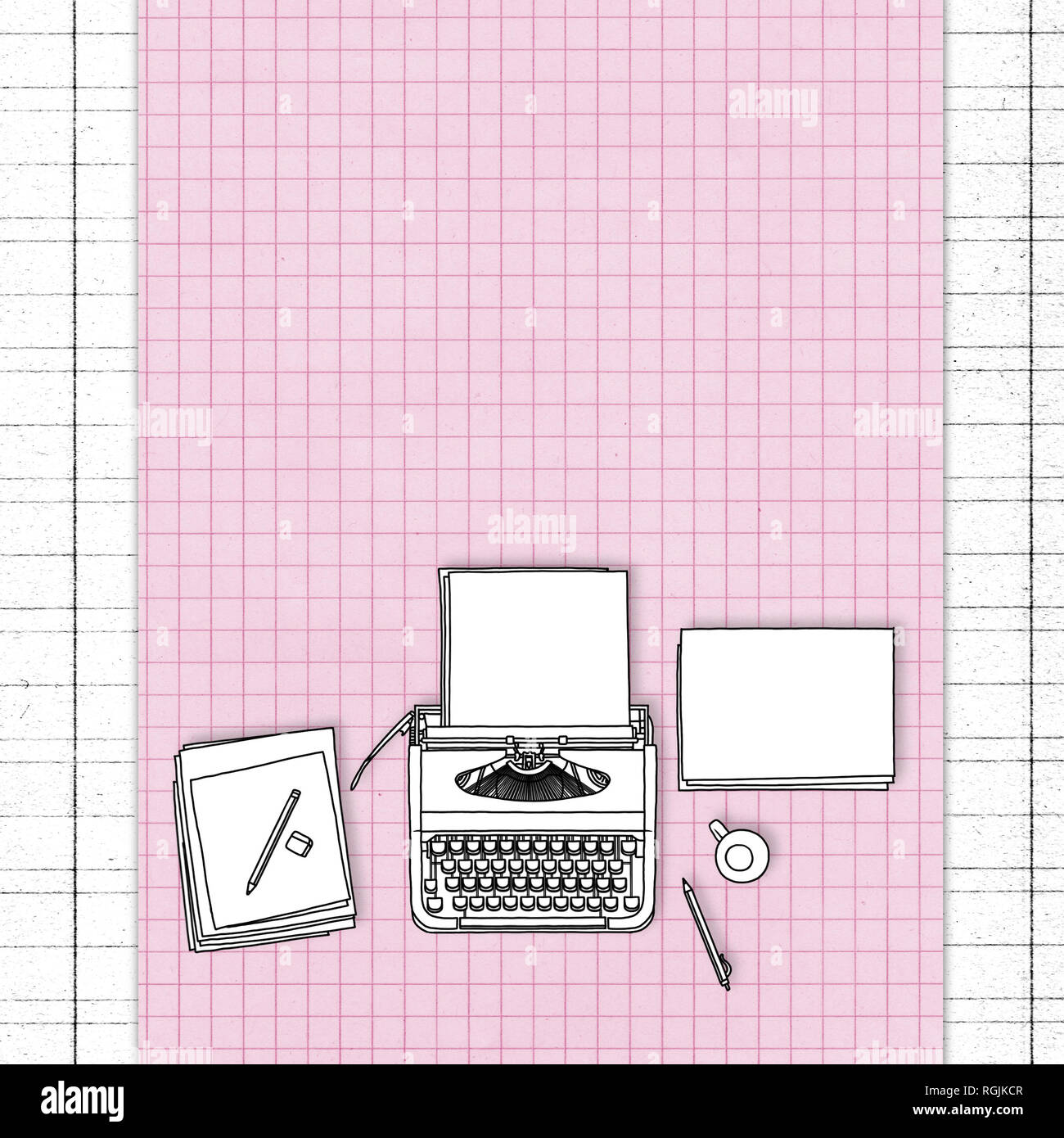 Illustration sketch drawing of typewriter with stationery on pink square blank paper sheet frame Stock Photo