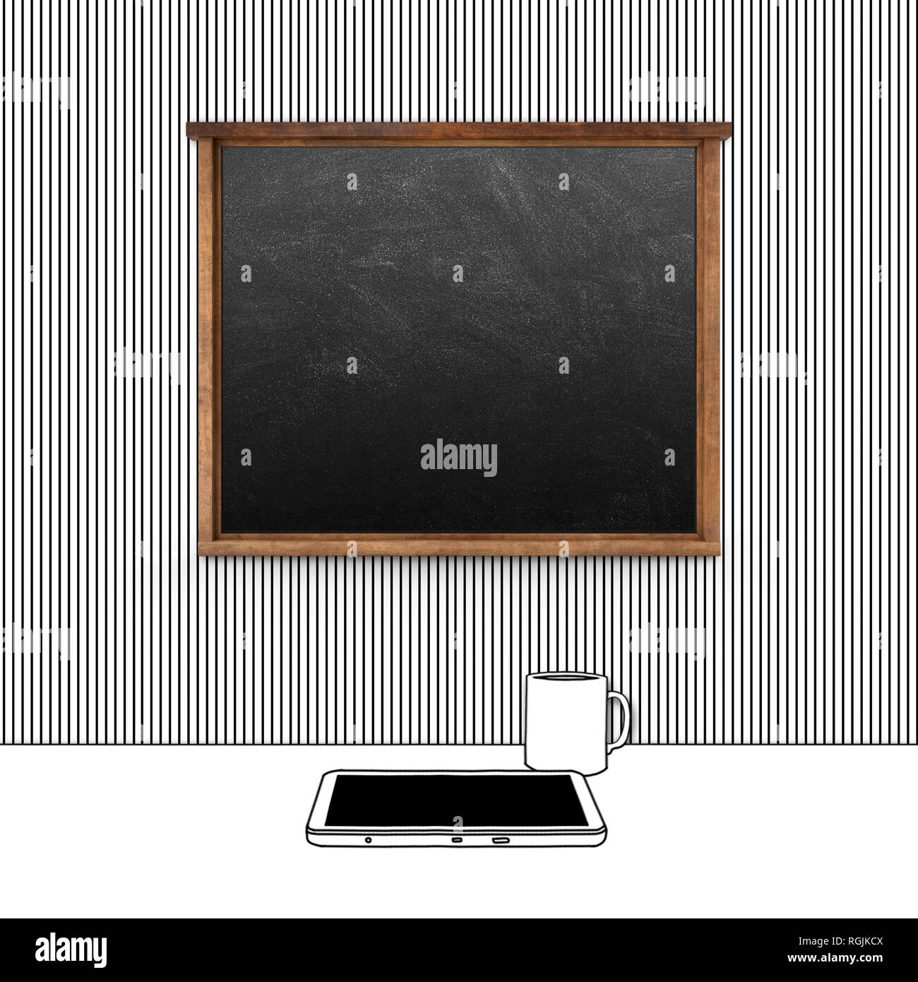 3d Illustration rendering of sketch drawing of blank blackboard and tablet with mug Stock Photo