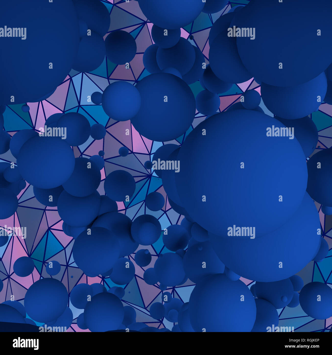 Blank computer generated blue spheres on violet triangle mesh background Stock Photo