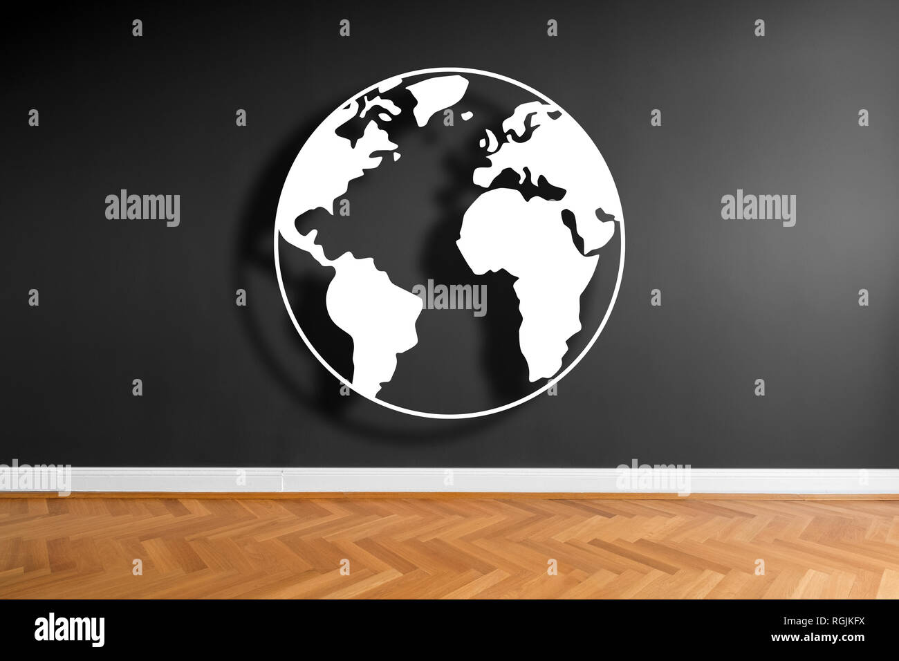 world illustration icon on wall background in empty room  -simple earth graphic Stock Photo