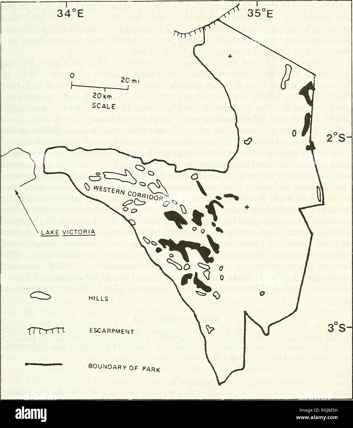 . Bulletin of the British Ornithologists' Club. Birds. A*. Stronach 33 Bull.B.O.C. 1990 110(1;. Fig. 1. Map of Serengeti National Park, showing the distribution of hills. Hills on which C. aberrans was recorded are shaded black. Kopjes on which C. aberrans was recorded are marked +. Near Seronera C. aberrans was found on kopjes with steep screes of large boulders. Tall Loudetia grew between the boulders but there were few bushes or trees. In northwestern SNP C. aberrans occupied kopjes on ridgetops, with tall Loudetia and Hyperihelia dissoluta growing thickly between the large boulders at thei Stock Photo